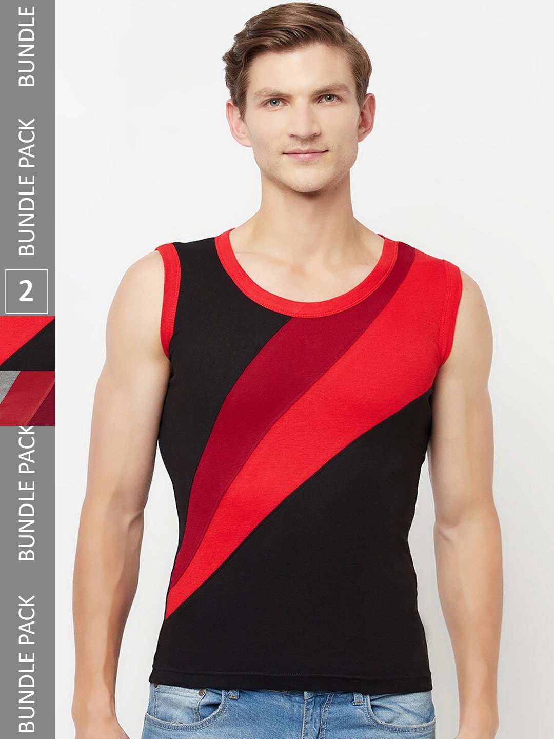 

T.T. Titanic Designer Pack Of 2 Colourblocked Pure Cotton Gym Vests, Black