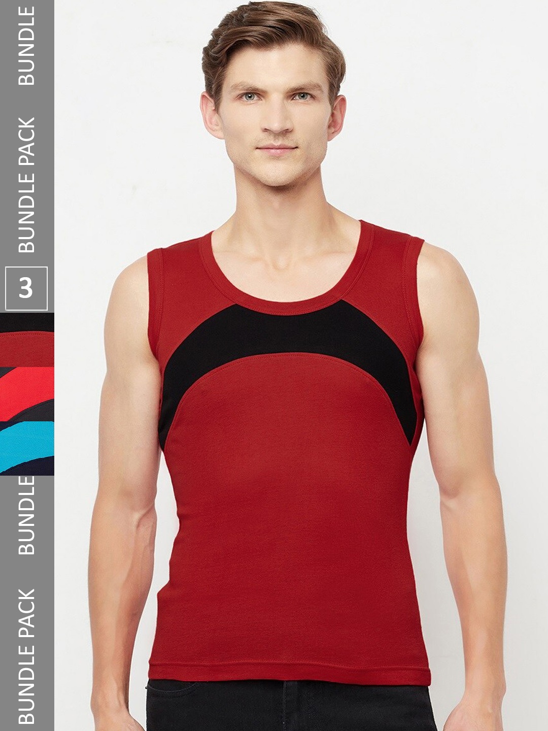 

T.T. Titanic Designer Pack Of 3 Colourblocked Pure Cotton Sports Gym Vests, Maroon