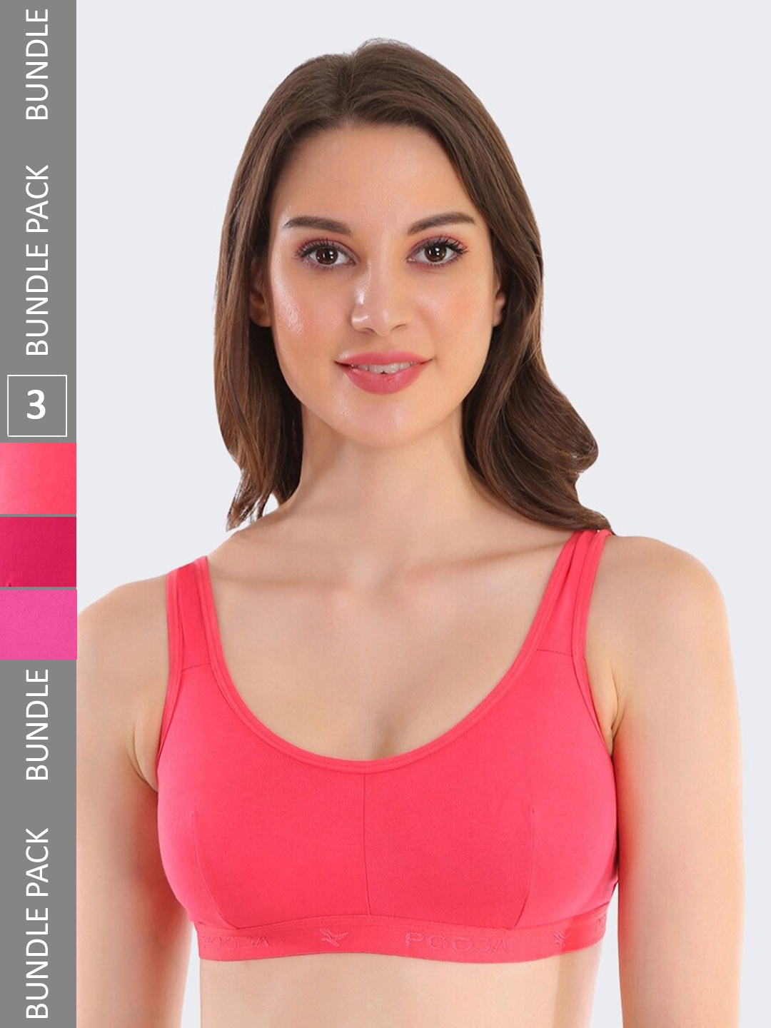 

POOJA RAGENEE Pack Of 3 Non-Padded Full Coverage All Day Comfort Cotton Sports Bra, Pink