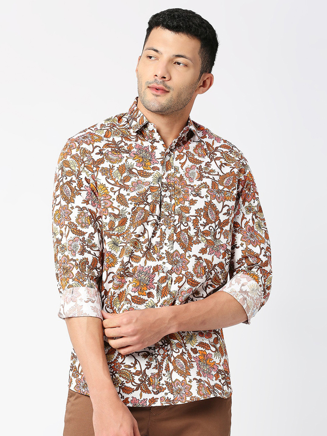 

MOD ECRU Floral Printed Pure Cotton Casual Shirt, Brown