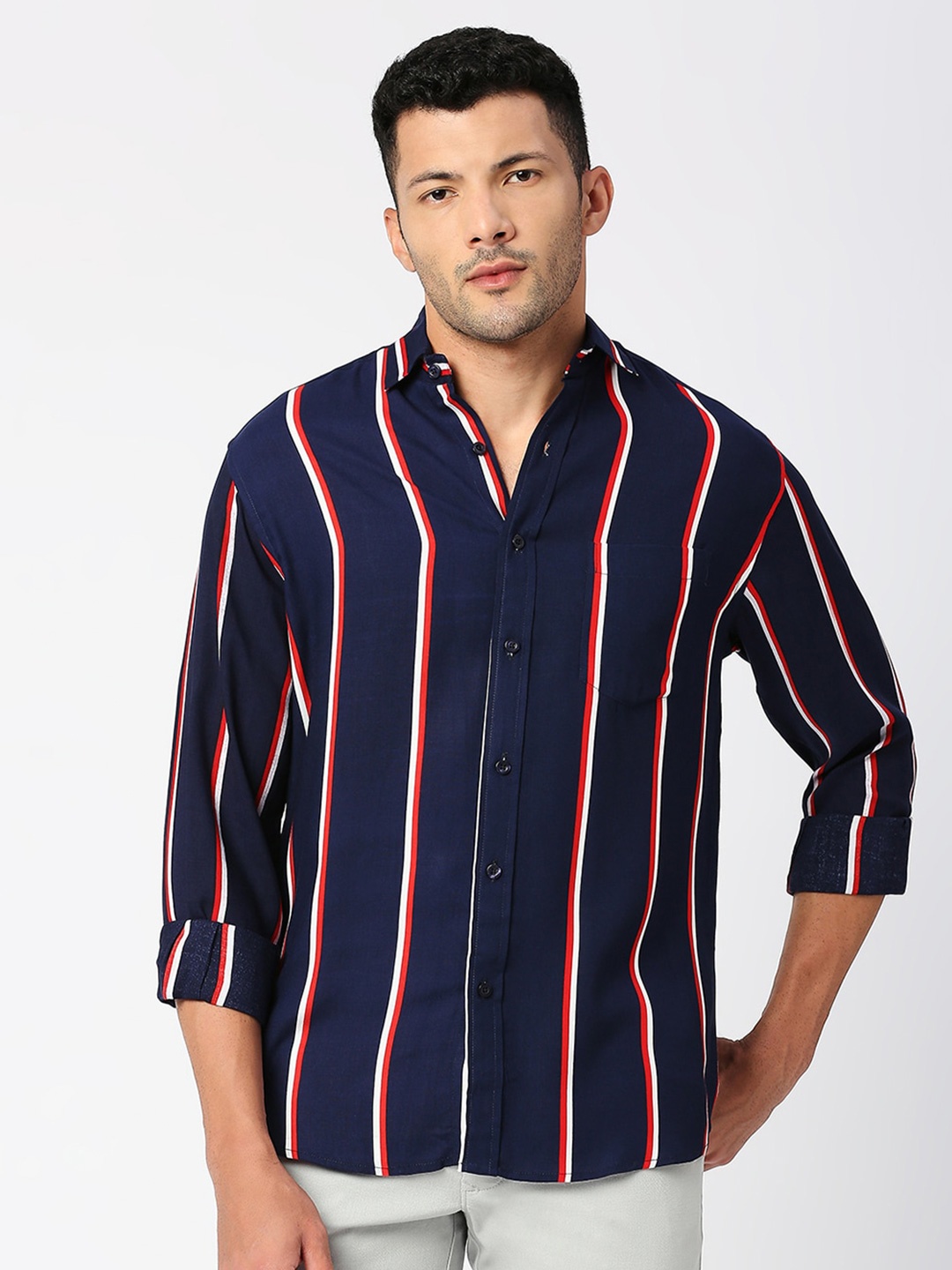 

MOD ECRU Regular Fit Striped Spread Collar Casual Shirt, Navy blue