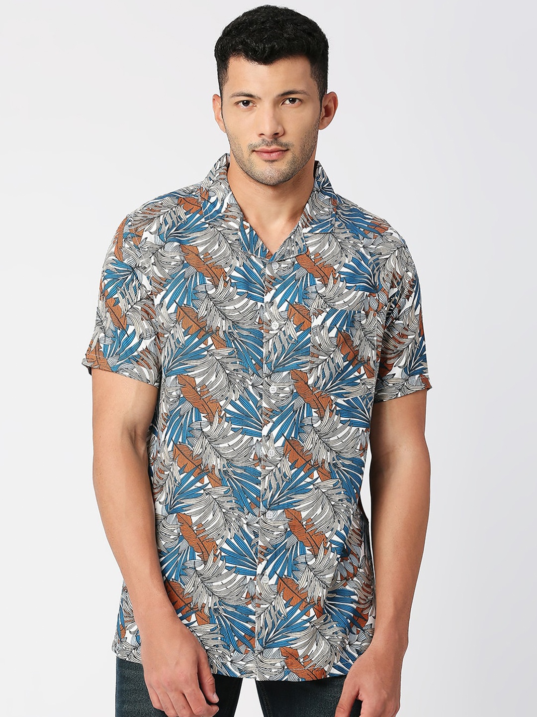 

MOD ECRU Floral Printed Cuban Collar Casual Shirt, Blue