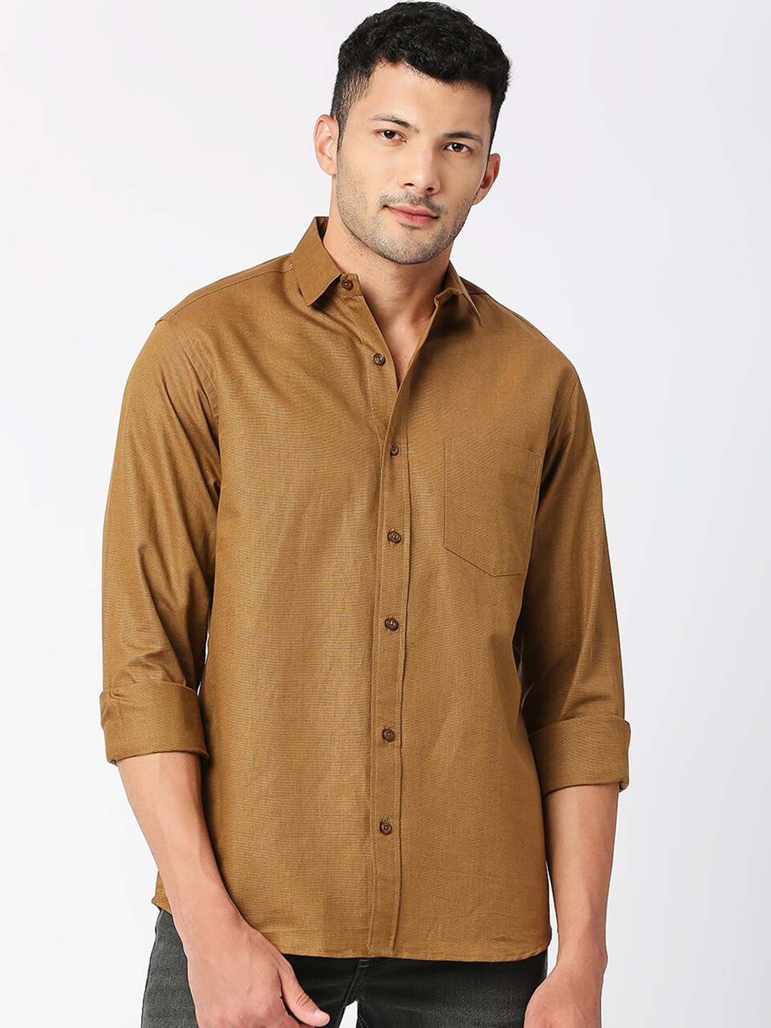 

MOD ECRU Spread Collar Pure Linen Casual Shirt, Khaki