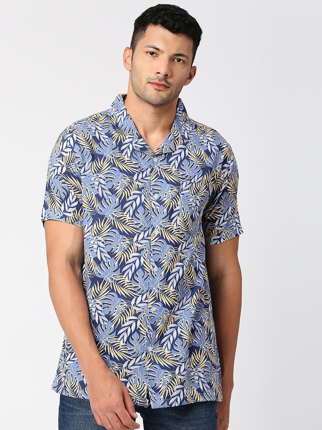 

MOD ECRU Tropical Printed Cuban Collar Casual Shirt, Blue