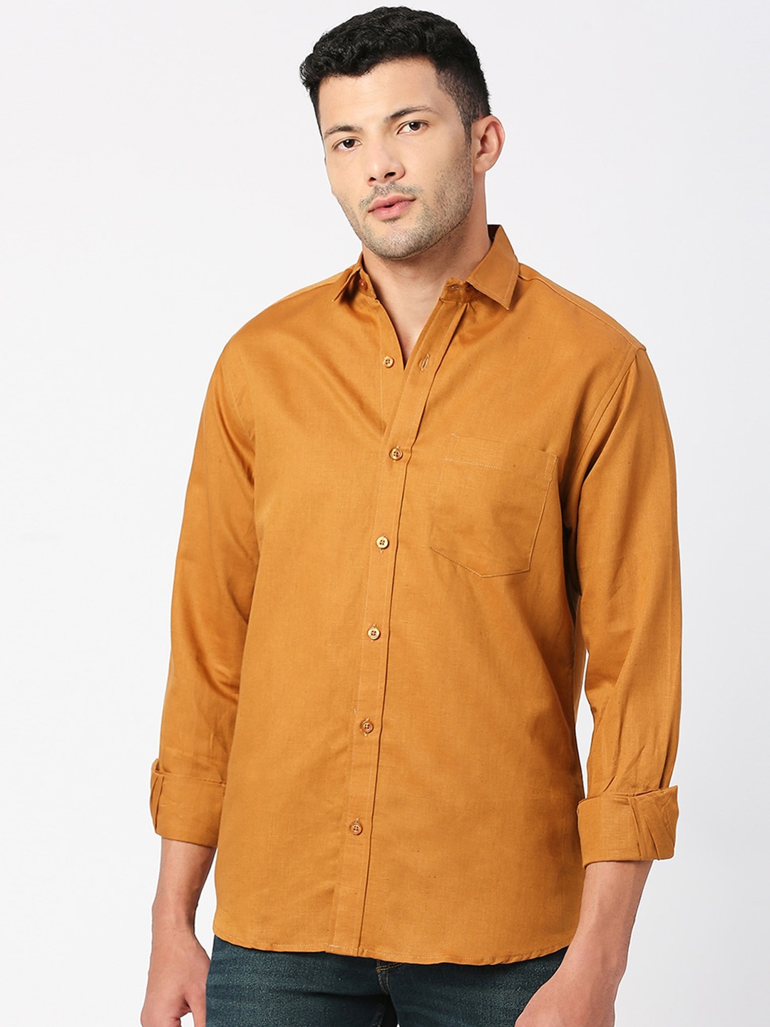 MOD ECRU Spread Collar Pure Linen Casual Shirt, Rust