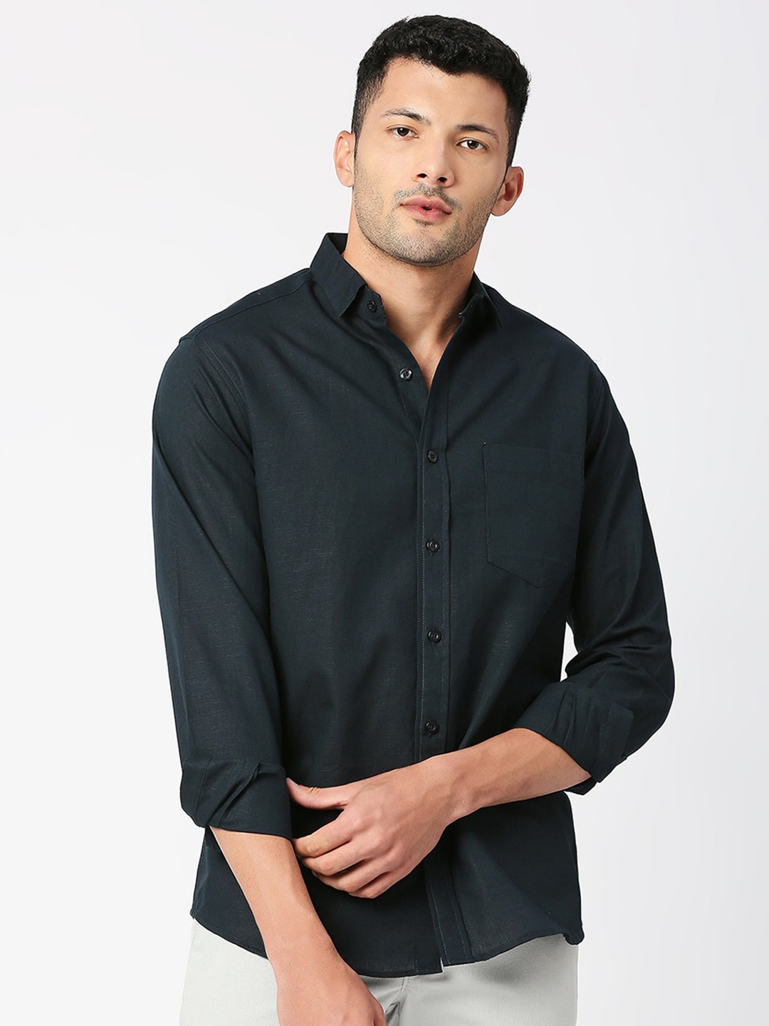 

MOD ECRU Spread Collar Pure Linen Casual Shirt, Green