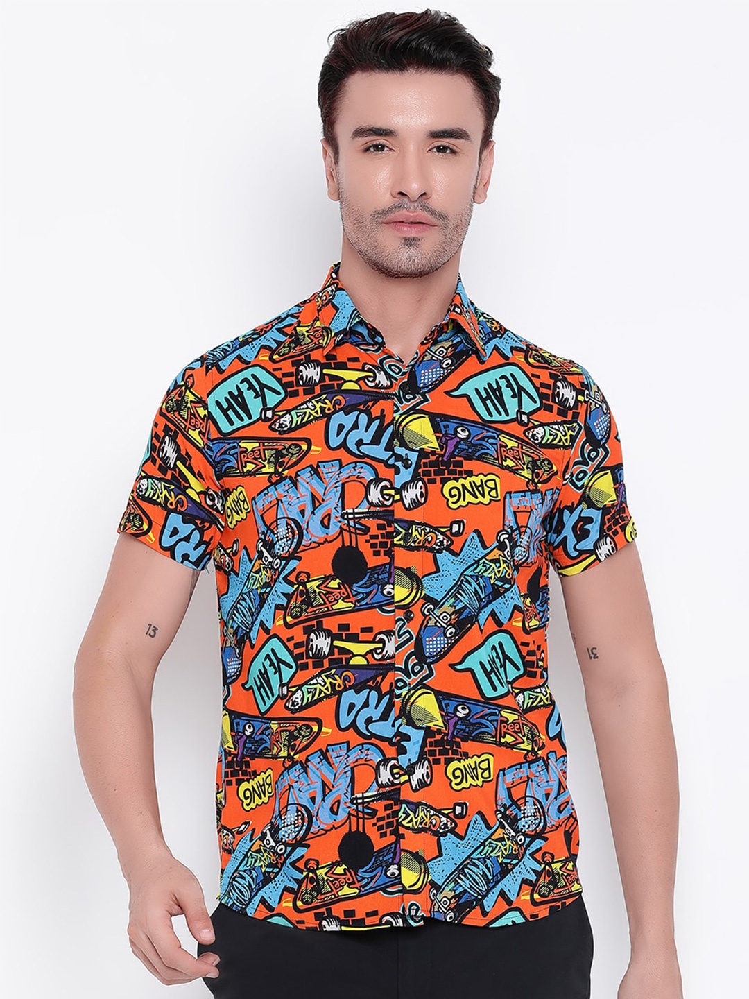 

Shurtz N Skurtz Relaxed Graphic Printed Cotton Casual Shirt, Orange