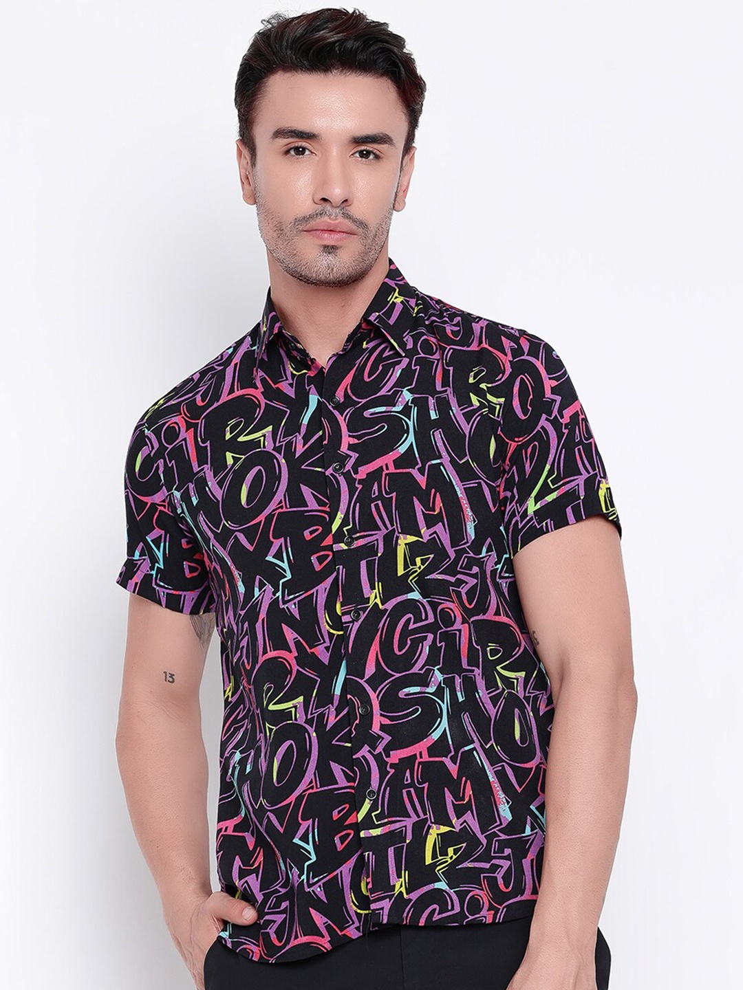 

Shurtz N Skurtz Relaxed Conversational Printed Cotton Casual Shirt, Black