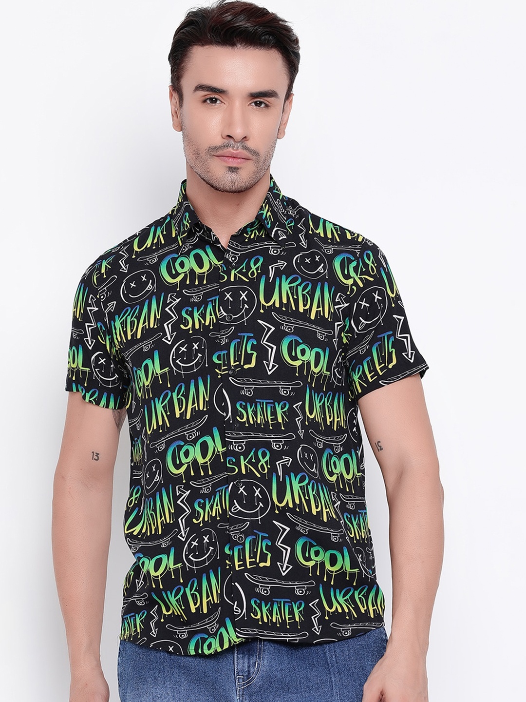 Shurtz N Skurtz Relaxed Typography Printed Cotton Casual Shirt, Black