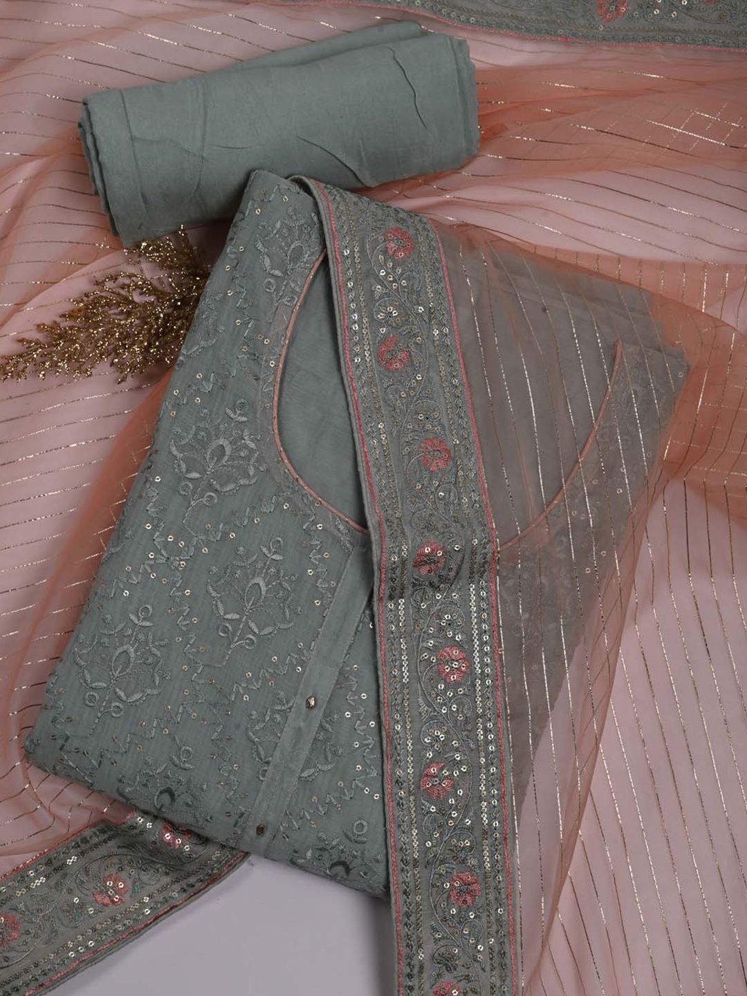 

Meena Bazaar Embroidered Art Silk Unstitched Dress Material, Sea green
