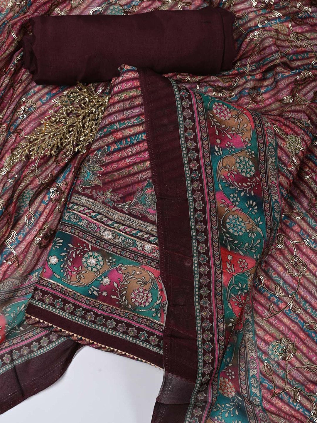 

Meena Bazaar Printed Unstitched Dress Material, Burgundy