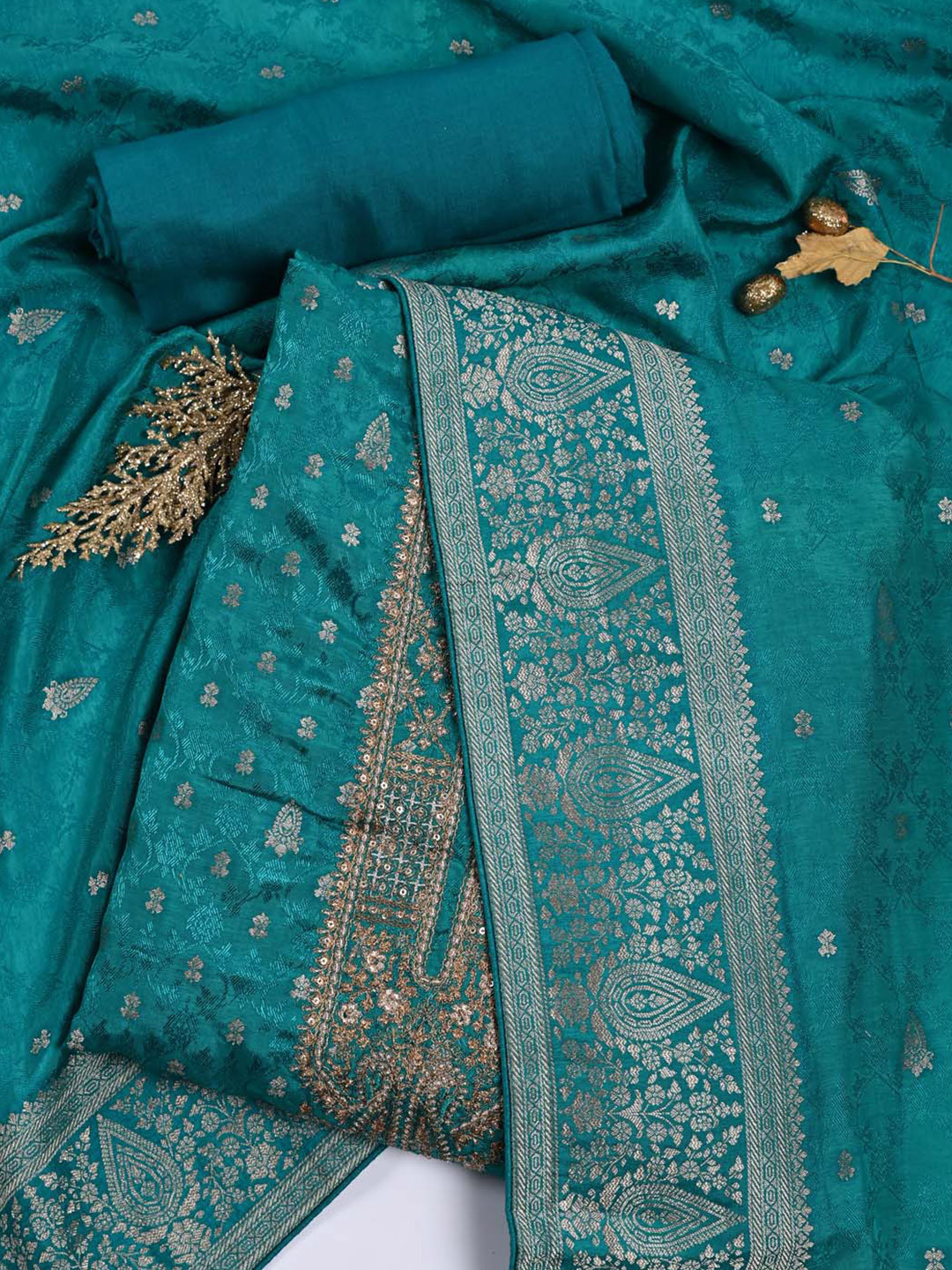 

Meena Bazaar Ethnic Motifs Woven Design Sequinned Unstitched Dress Material, Blue