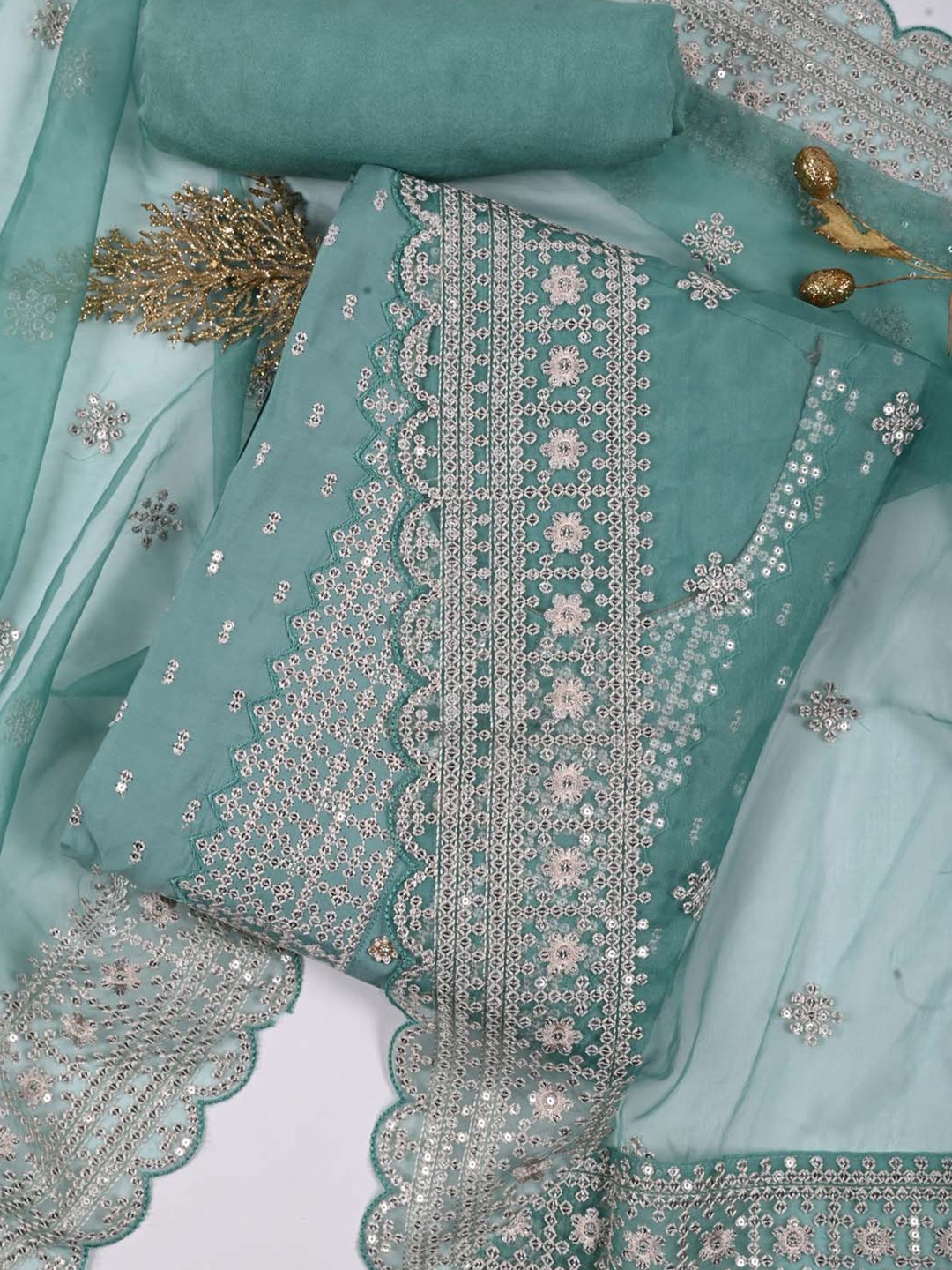 

Meena Bazaar Ethnic Motifs Embellished Sequinned Art Silk Unstitched Dress Material, Sea green