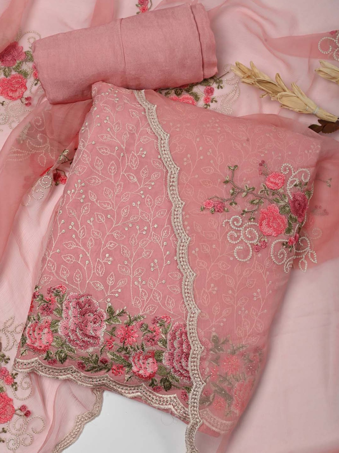 

Meena Bazaar Embroidered Organza Unstitched Dress Material, Pink