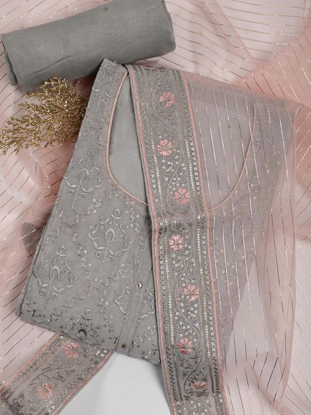 

Meena Bazaar Kurta Fabric Bottom Fabric and Dupatta Sequinned Unstitched Dress Material, Grey