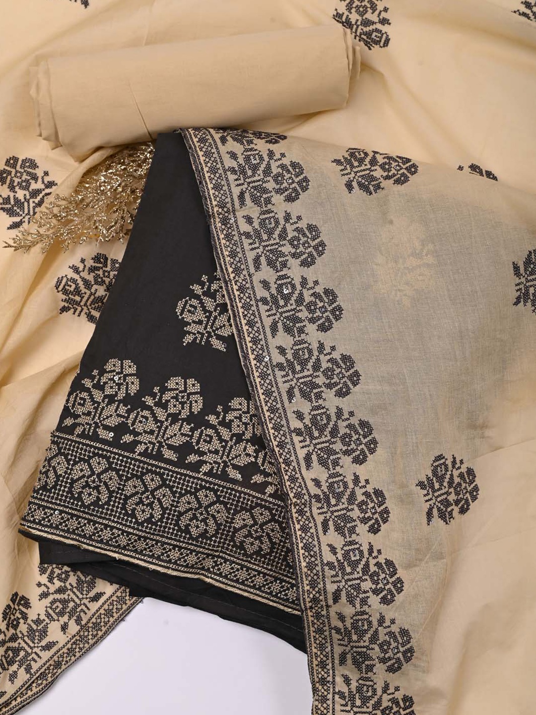 

Meena Bazaar Embroidered Unstitched Dress Material, Beige