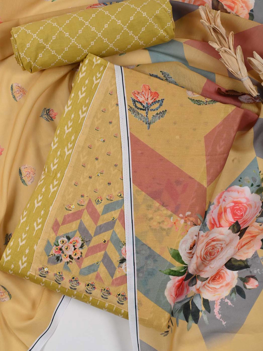 

Meena Bazaar Kurta Fabric Bottom Fabric and Dupatta Unstitched Dress Material, Yellow