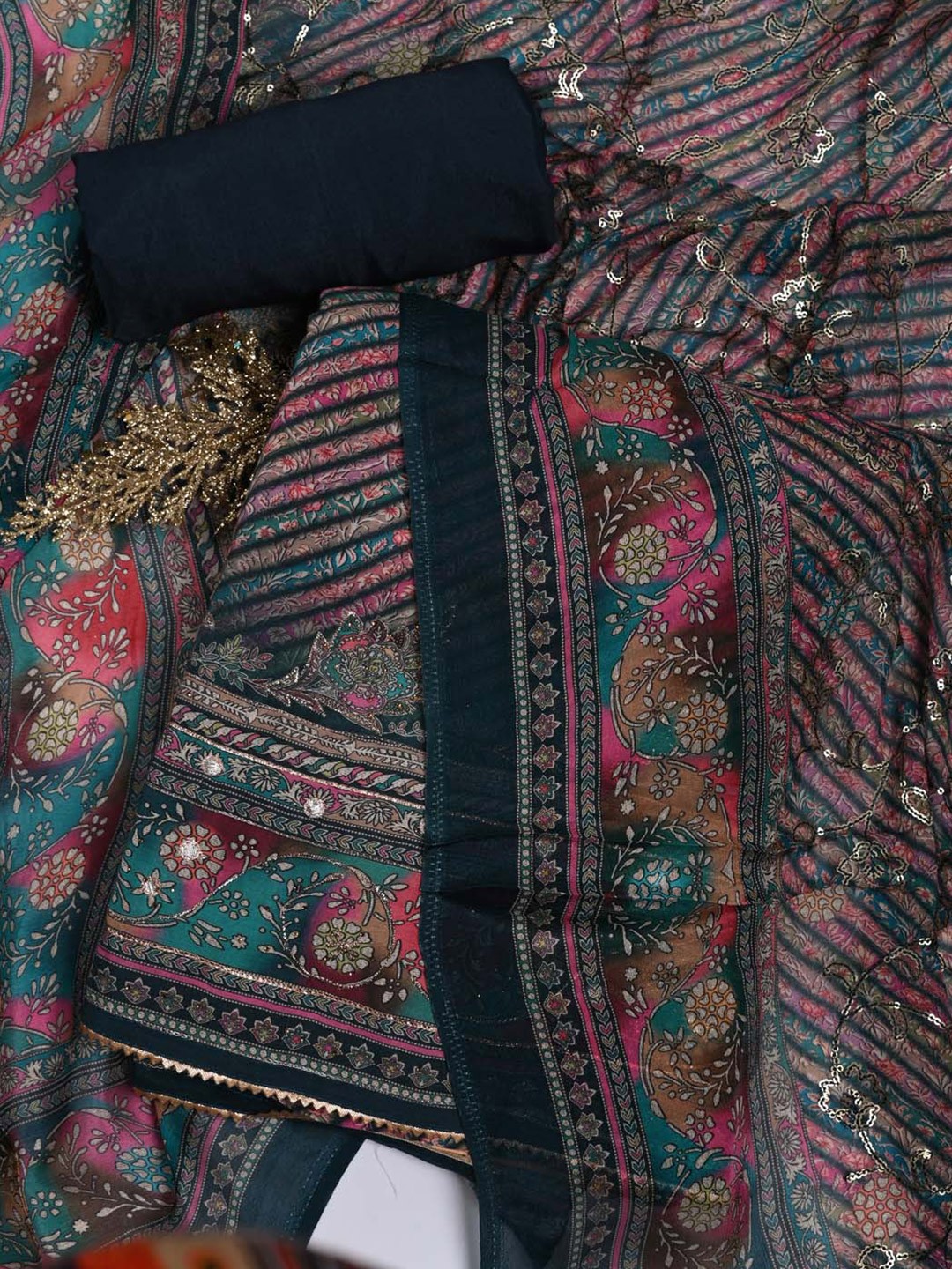 

Meena Bazaar Printed Sequinned Unstitched Dress Material, Blue