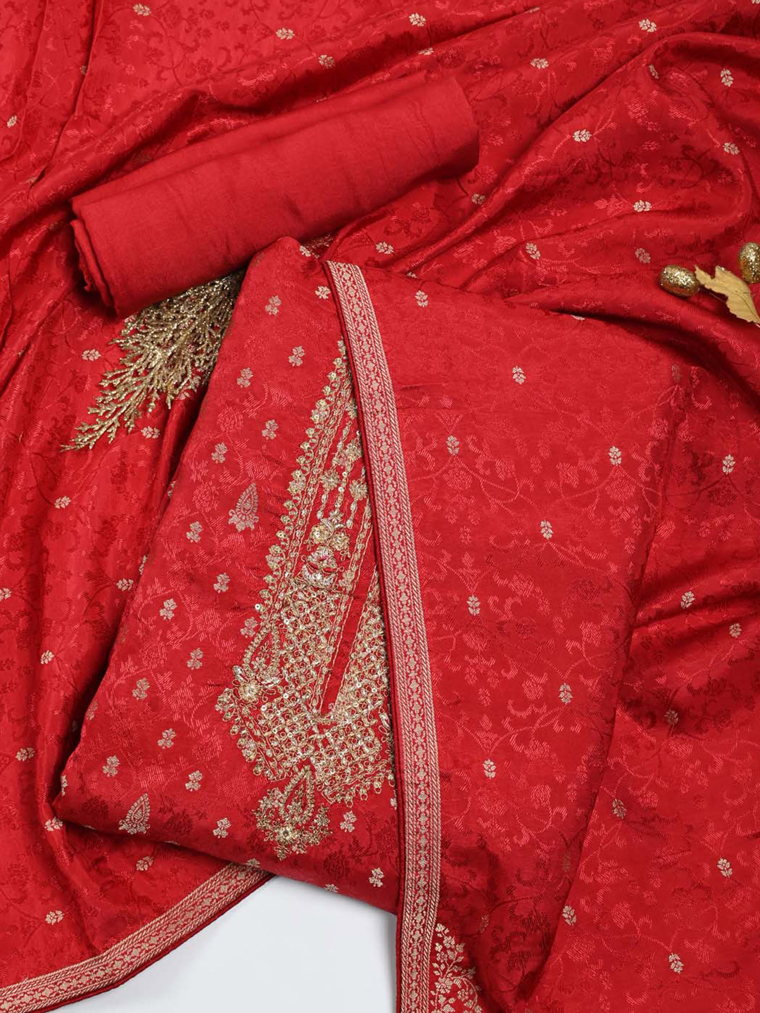 

Meena Bazaar Kurta Fabric Bottom Fabric and Dupatta Zari Unstitched Dress Material, Red