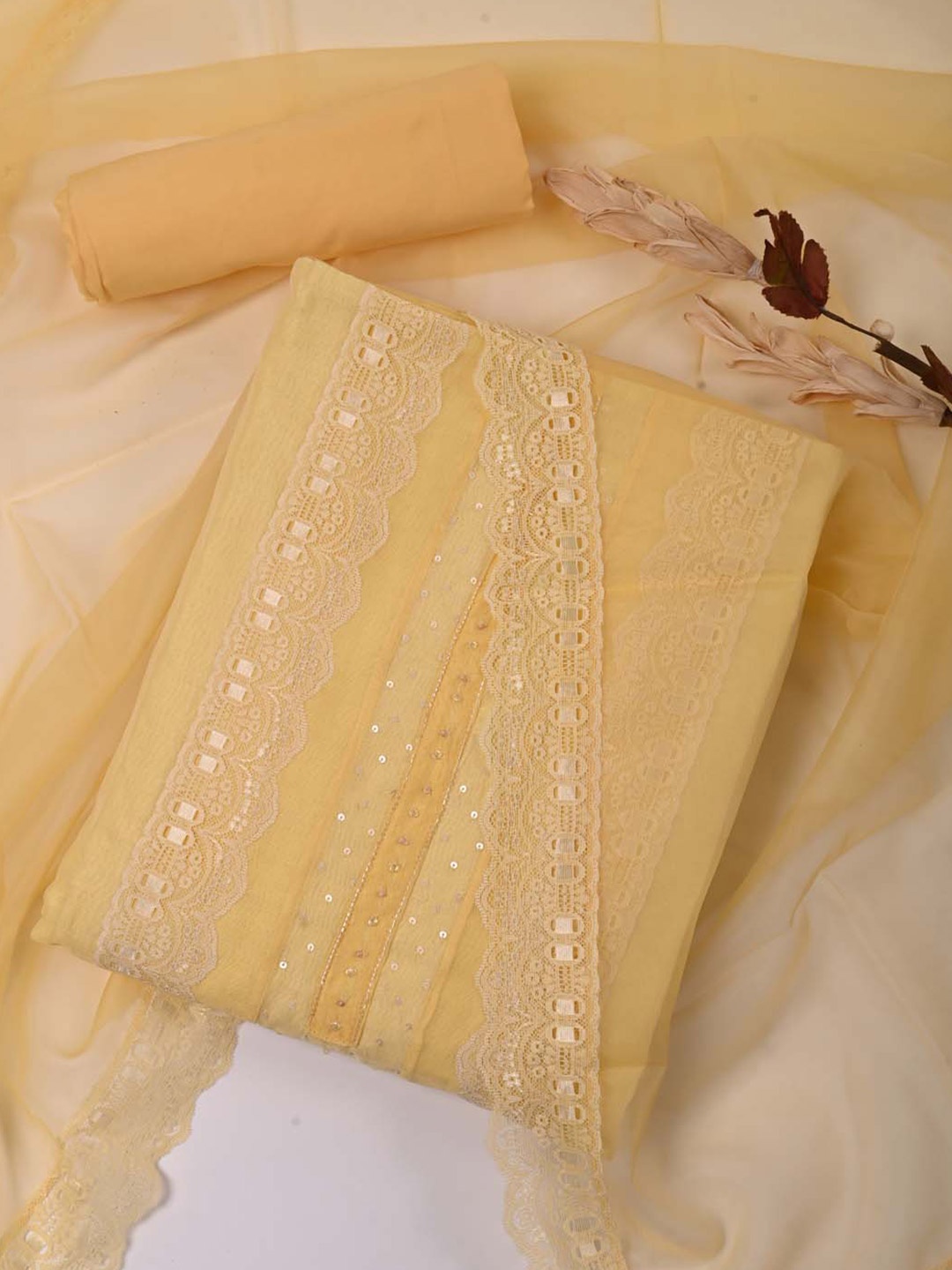 

Meena Bazaar Kurta Fabric Bottom Fabric and Dupatta Sequinned Unstitched Dress Material, Yellow