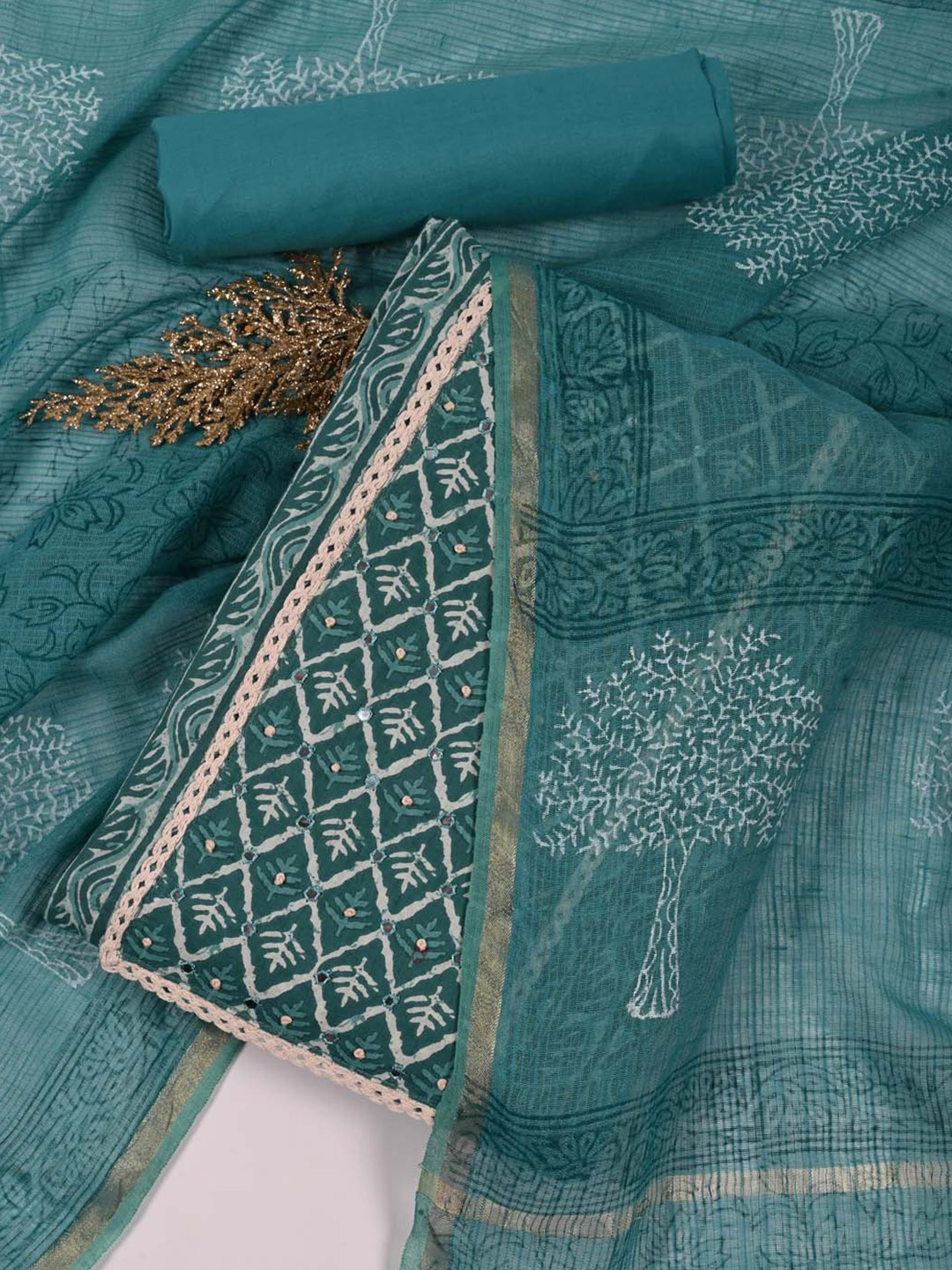 Meena Bazaar Kurta With Bottom & Dupatta Unstitched Dress Material, Teal