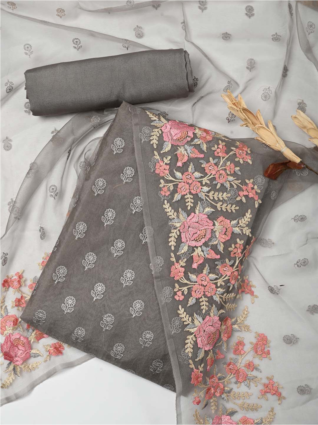 

Meena Bazaar Kurta Fabric Bottom Fabric and Dupatta Embroidered Unstitched Dress Material, Grey