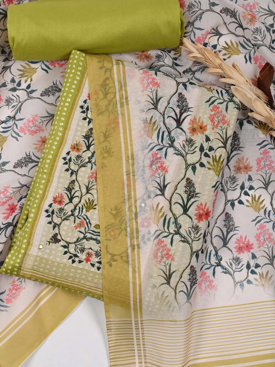 

Meena Bazaar Floral Printed Unstitched Dress Material, Green