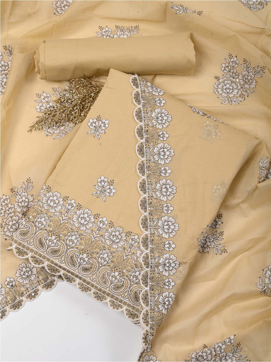 

Meena Bazaar Floral Embroidered Unstitched Dress Material, Beige