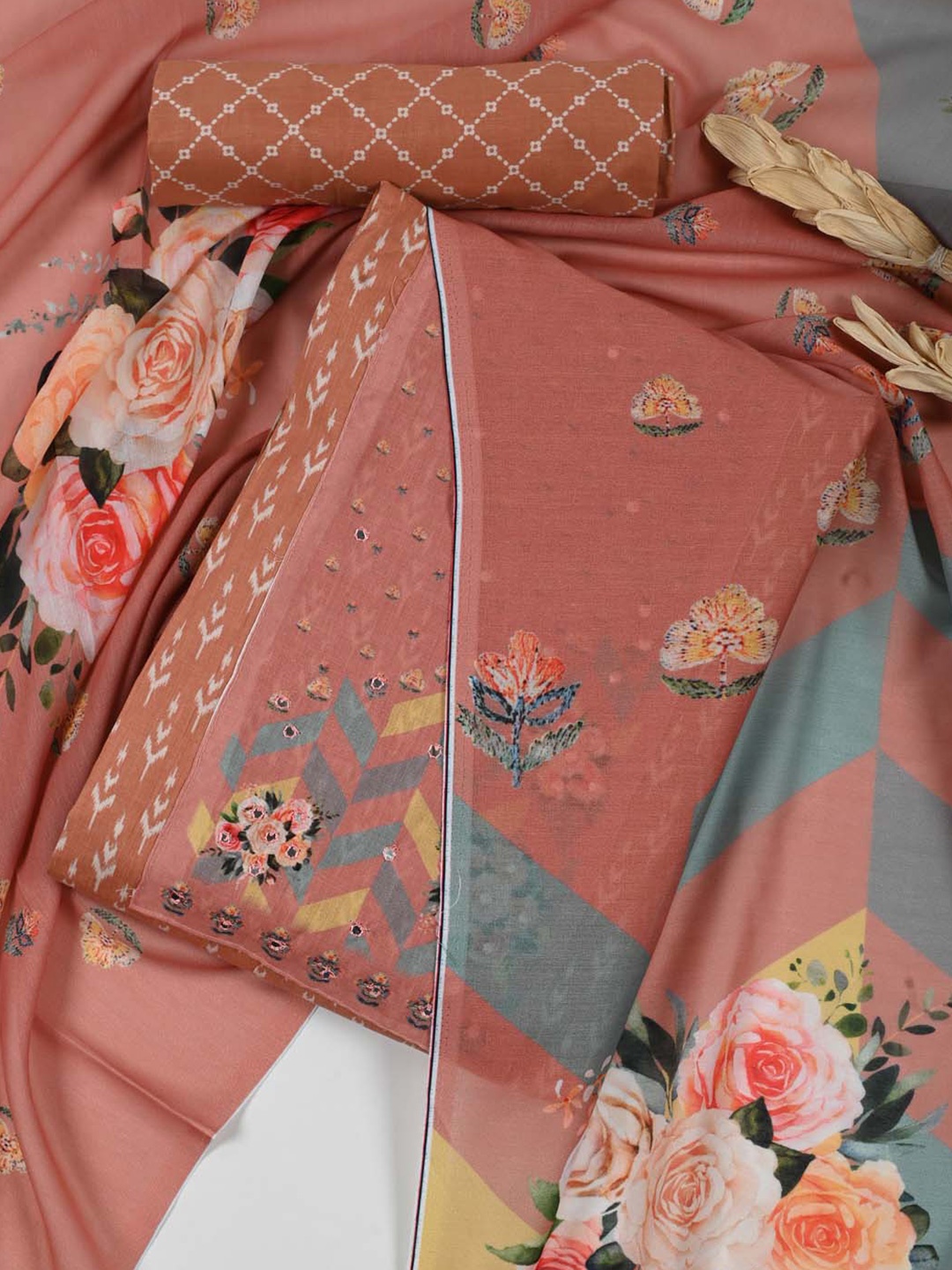 

Meena Bazaar Kurta Fabric Bottom Fabric and Dupatta Unstitched Dress Material, Peach