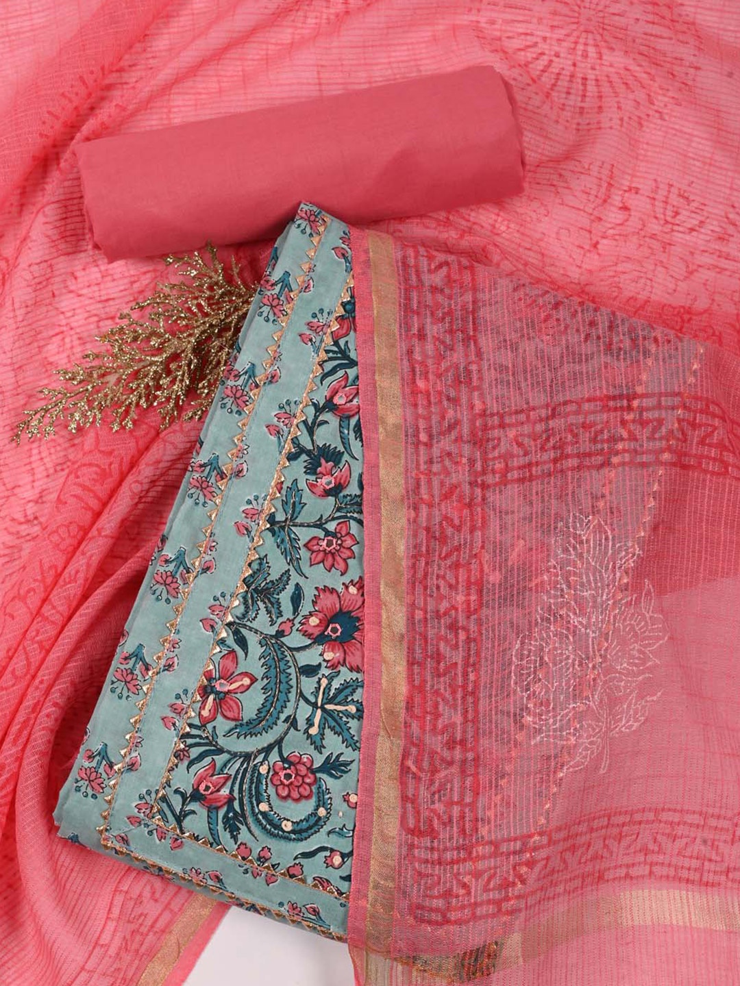 

Meena Bazaar Floral Printed Gotta Patti Unstitched Dress Material, Sea green