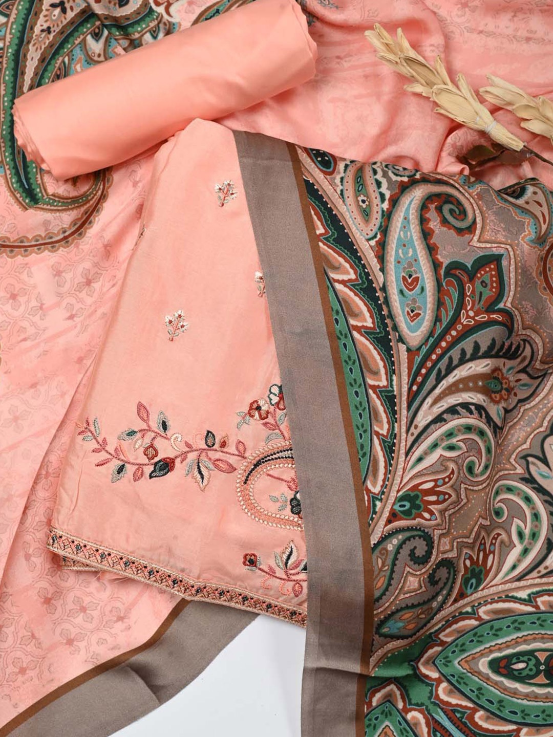 

Meena Bazaar Paisley Embroidered Sequinned Art Silk Unstitched Dress Material, Peach