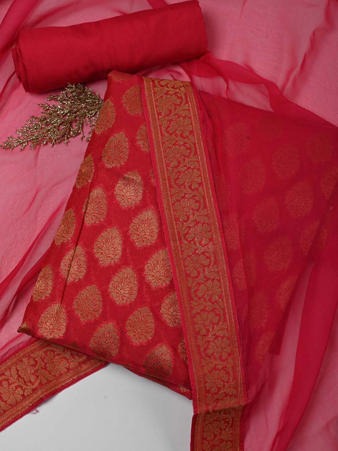 

Meena Bazaar Ethnic Motifs Woven Design Unstitched Dress Material, Pink