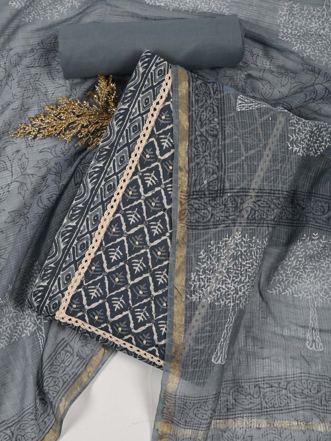 

Meena Bazaar Printed Unstitched Dress Material, Grey