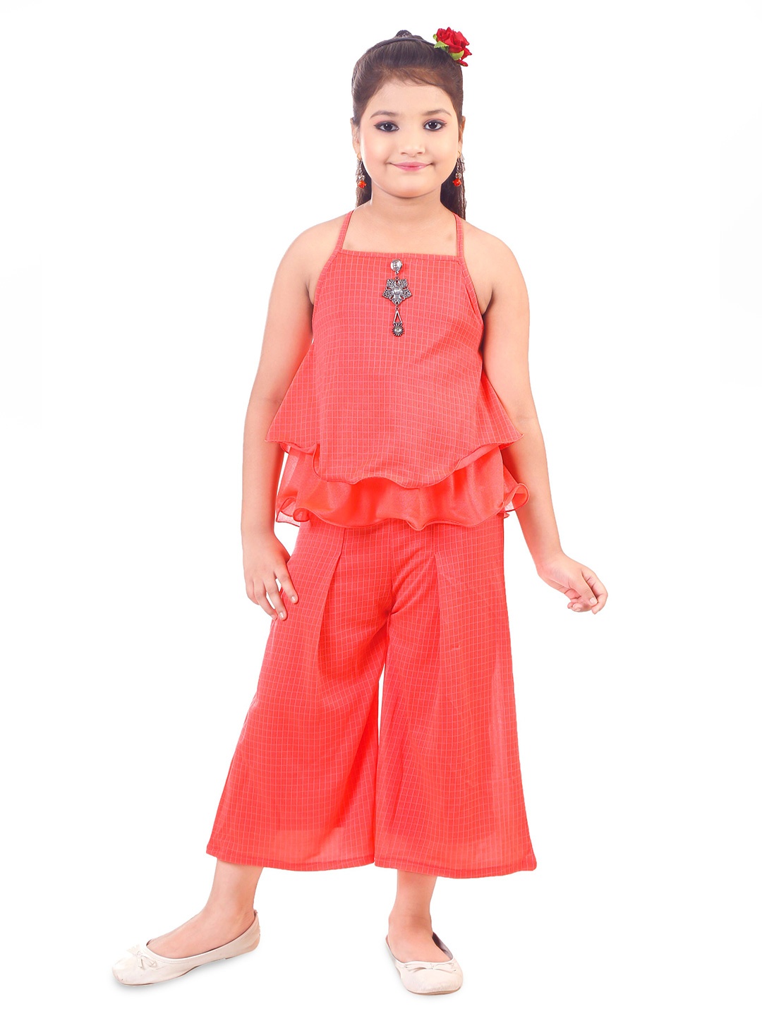 

BAESD Girls Checked Shoulder Straps Layered Top With Palazzos, Red