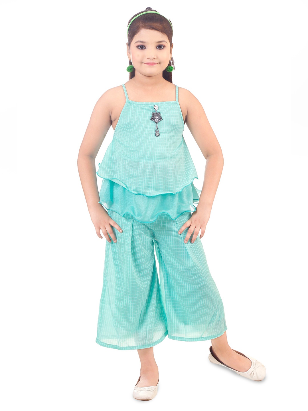 

BAESD Girls Checked Shoulder Straps Layered Top With Palazzos, Turquoise blue