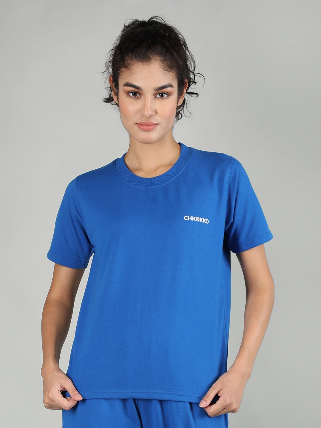 

CHKOKKO Round Neck Relaxed Fit T-shirt, Blue