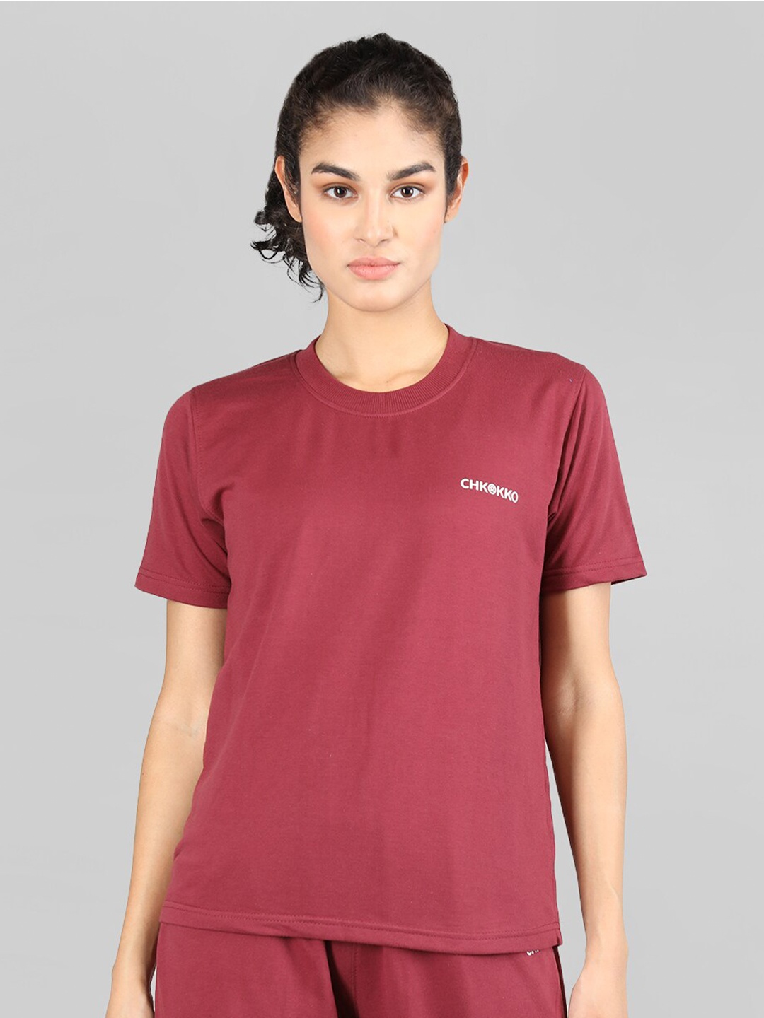 CHKOKKO Round Neck Relaxed Fit T-shirt, Red