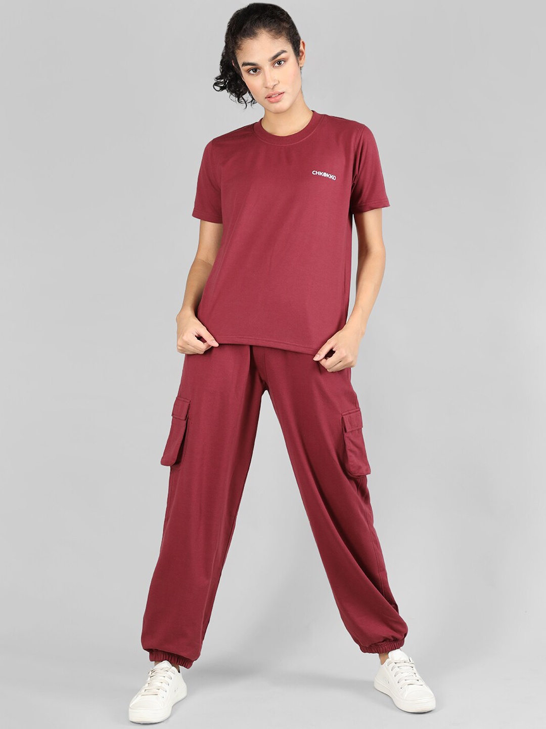 

CHKOKKO Brand Logo Printed Cotton T-shirt With Joggers, Maroon