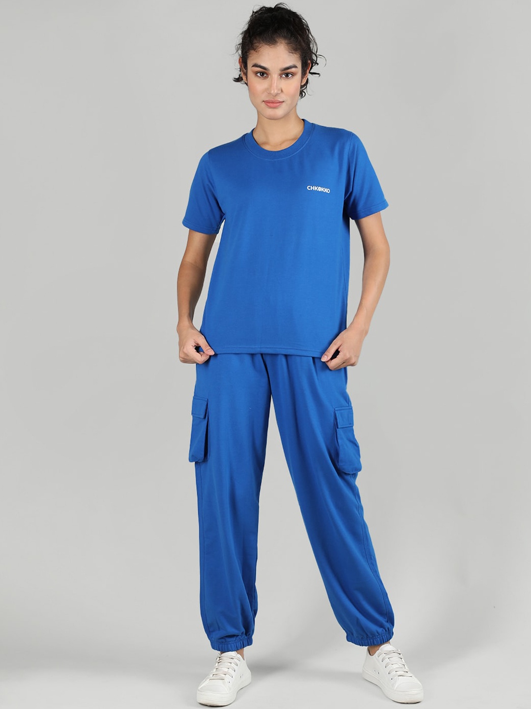 

CHKOKKO Brand Logo Printed Cotton T-shirt & Joggers Co-Ords, Blue