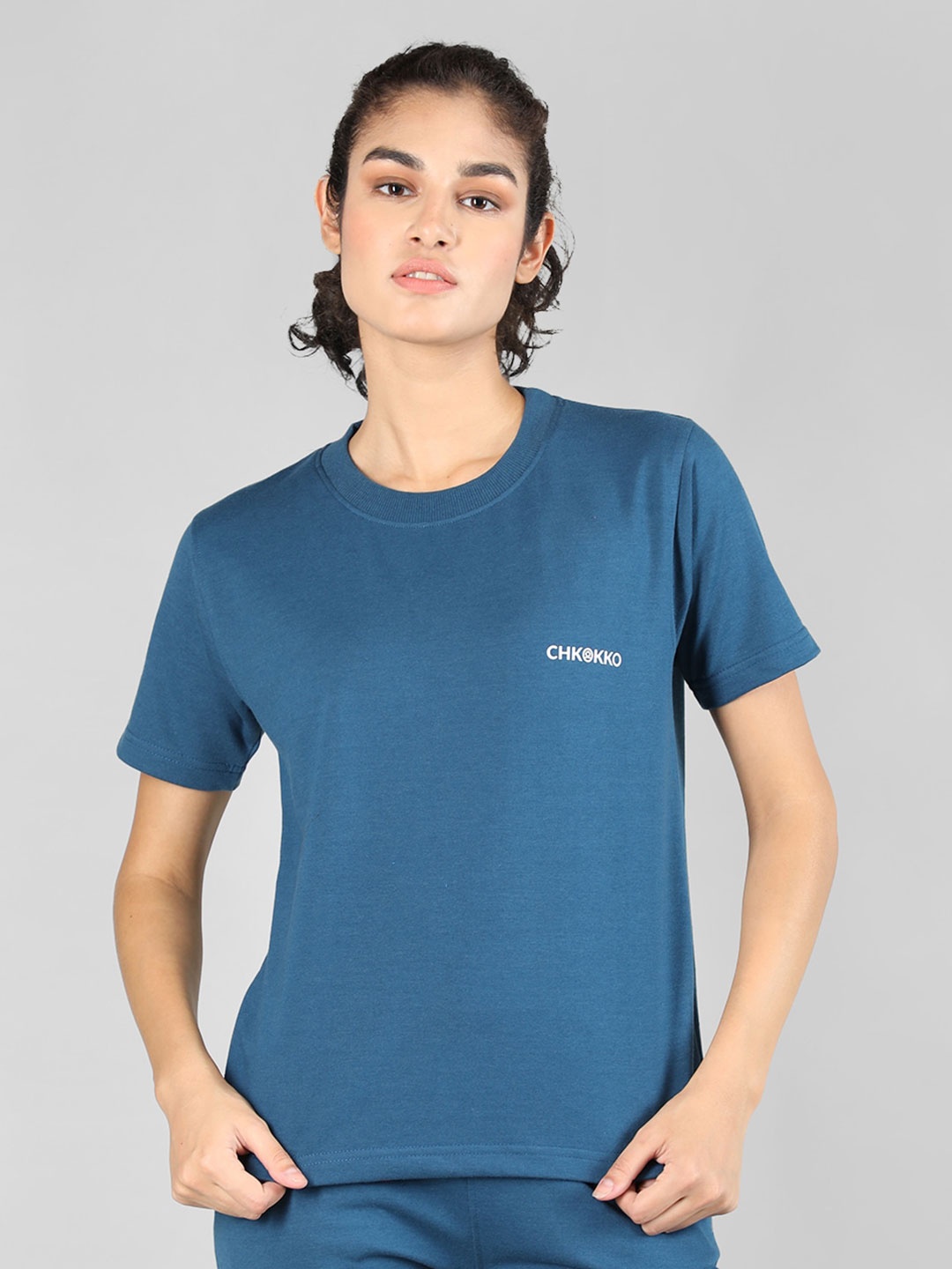 

CHKOKKO Round Neck Relaxed Fit T-shirt, Blue