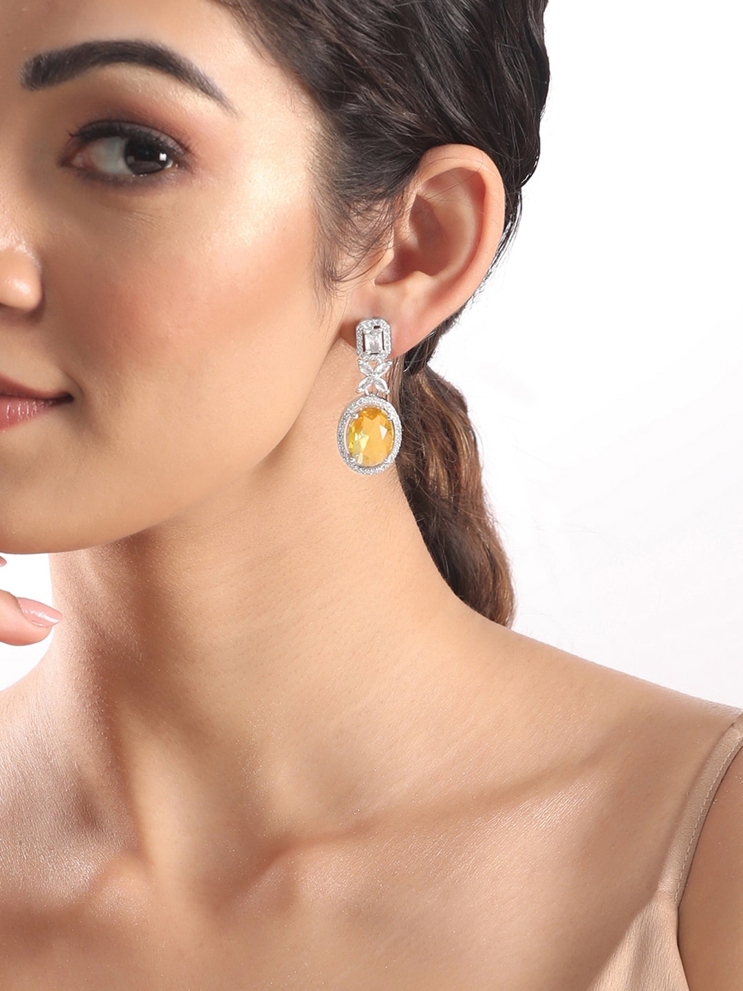 

Rubans Rhodium Plated Geometric Zircons Drop Earrings, Silver