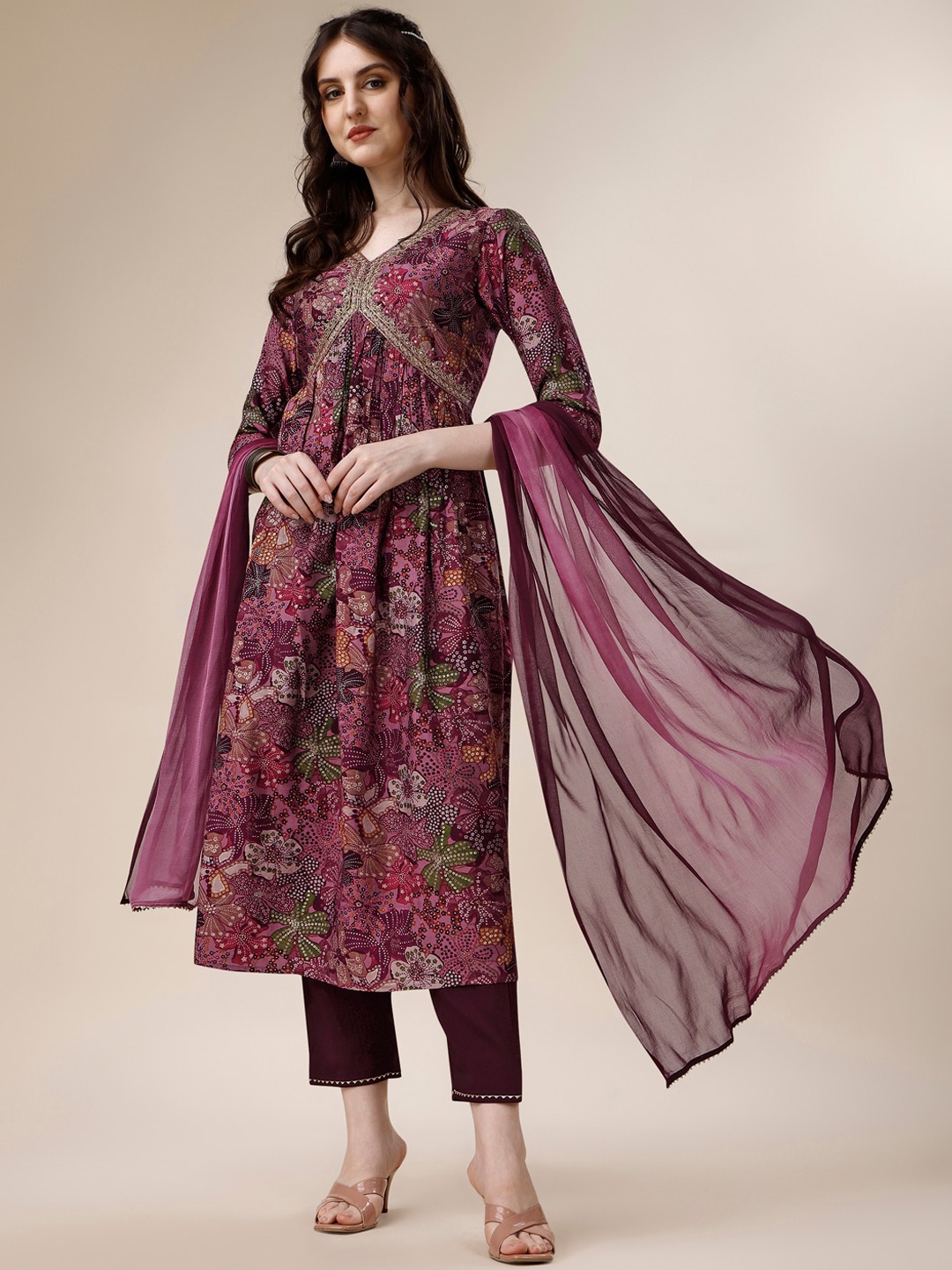 Berrylicious Floral Printed Panelled Chanderi Cotton A-line Kurta With Trousers & Dupatta, Purple