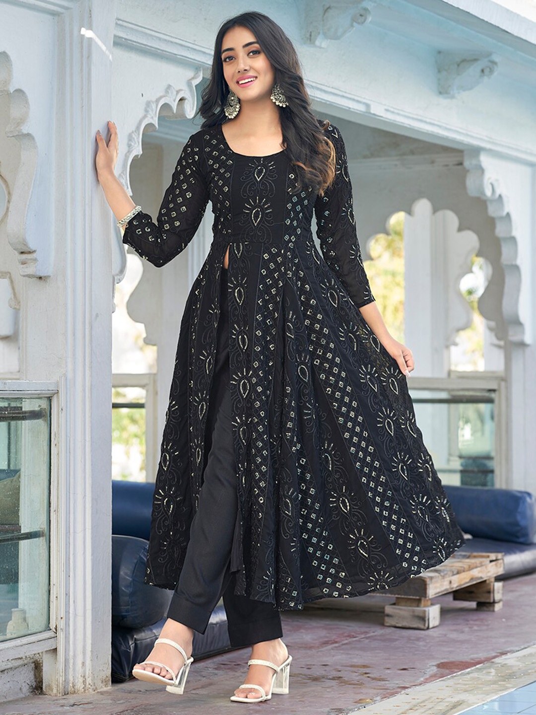 

PRENEA Ethnic Motifs Printed Georgette Anarkali Kurta, Black