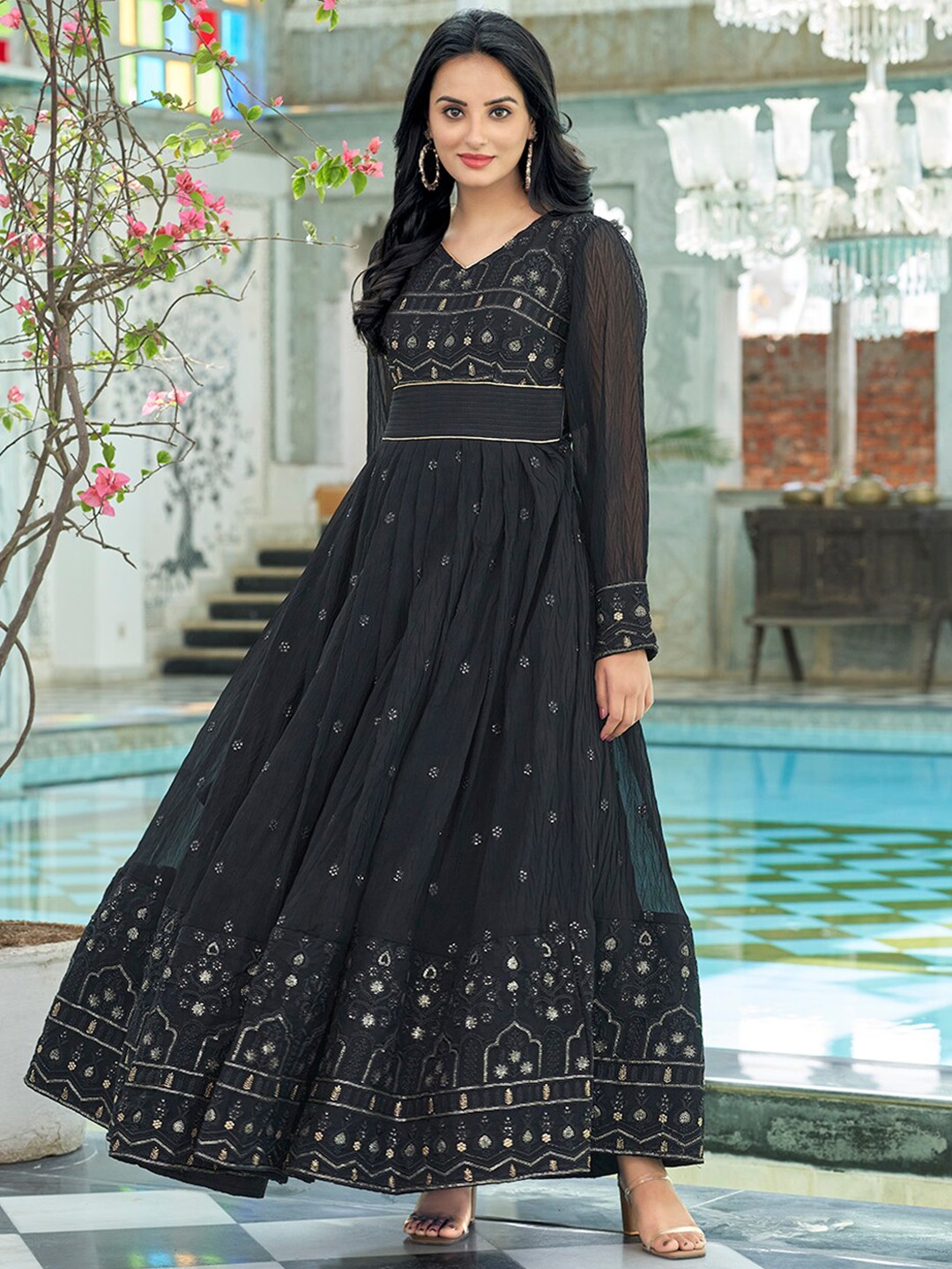 

PRENEA Ethnic Motif Thread Work & Sequin Embellished Maxi-Length Georgette Ethnic Dress, Black