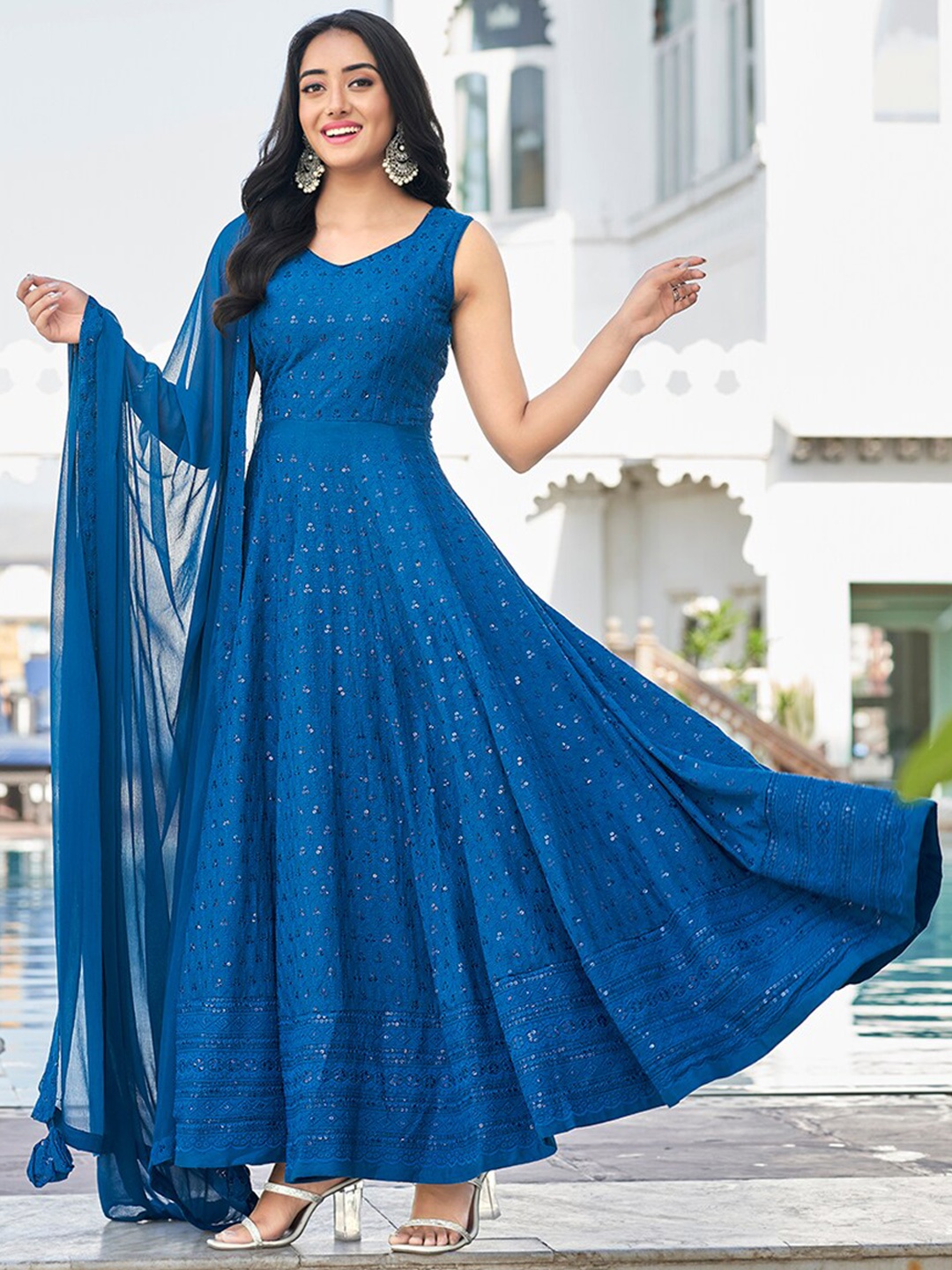 

PRENEA Ethnic Motif Thread Work & Sequin Embellished Maxi-Length Ethnic Dress With Dupatta, Turquoise blue