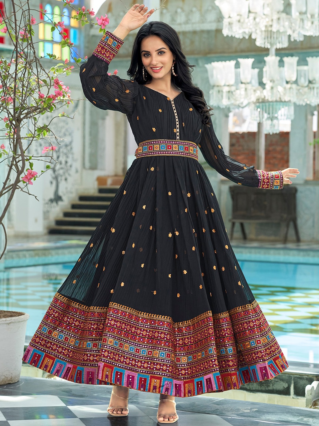 

PRENEA Embroidered Georgette Flared Anarkali Maxi Ethnic Dress With A Belt, Black