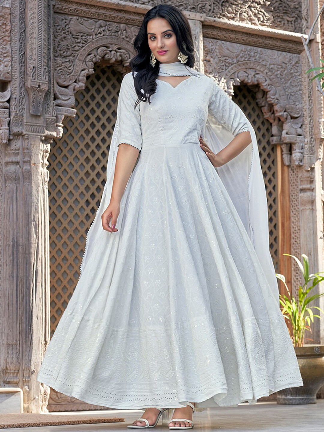 

PRENEA Floral Embroidered Anarkali Maxi Gown Ethnic Dress With Dupatta, Off white