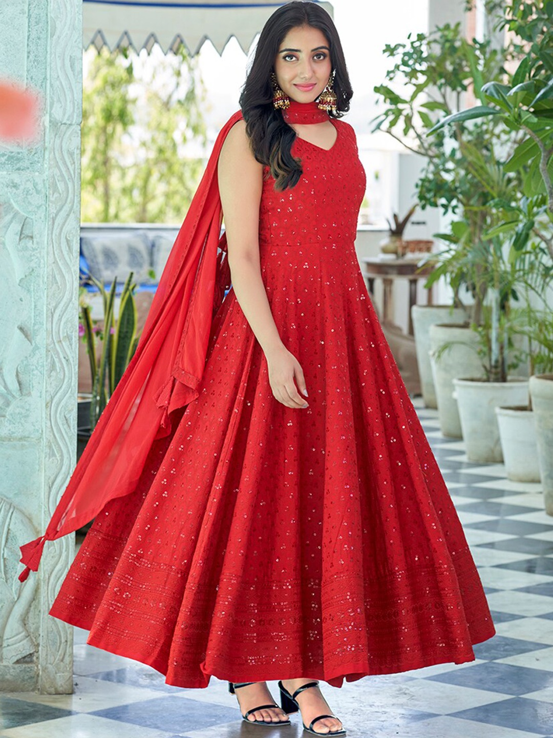 

PRENEA Sequin Embellished Designer Wear Anarkali Maxi Ethnic Dress With Dupatta, Red