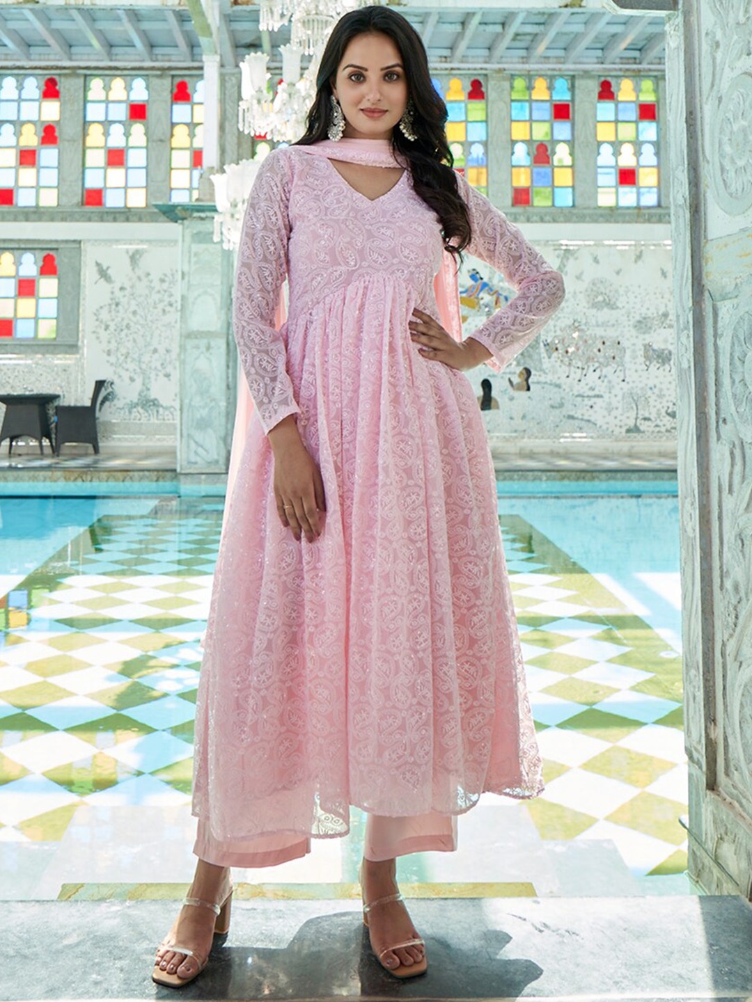 

PRENEA Paisley Embroidered Sequinned Georgette Fit & Flare Ethnic Dress with Dupatta, Pink