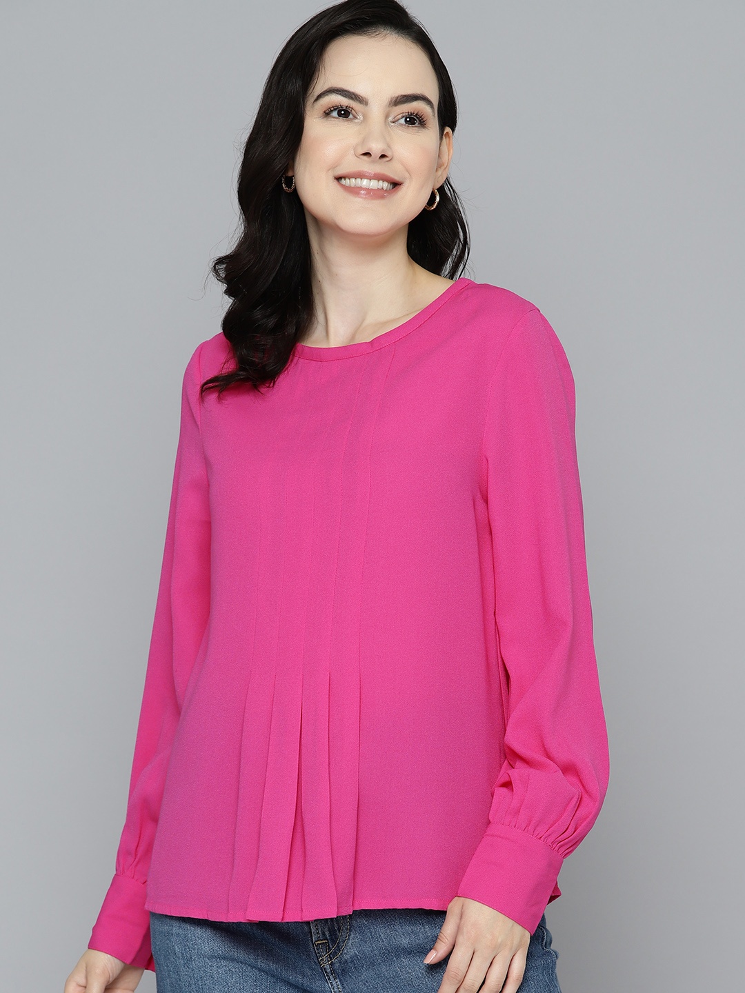

Mast & Harbour Cuffed Sleeves Crepe Top, Pink